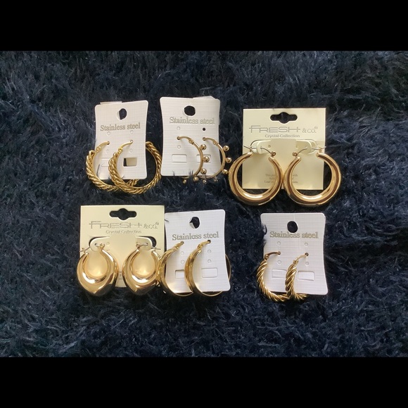 Jewelry - 6 Pairs Gold Chunky Hoop Earrings set